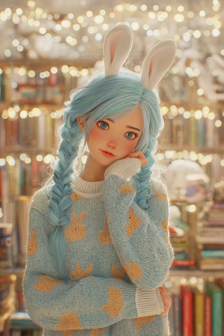 Une fille au style K-anime fantaisiste inspirée par IU, avec des cheveux tressés bleu pastel et un pull oversized à motifs de lapin dans une librairie confortable