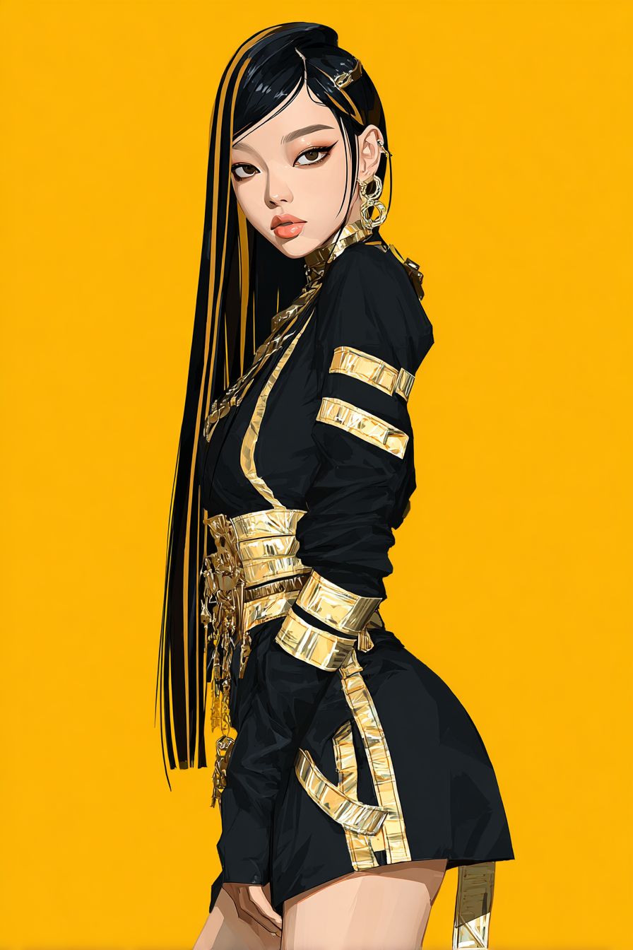 靈感來自Jennie的時尚動漫女孩，黑髮金絲，奢華K-pop服飾，首爾時裝周走秀