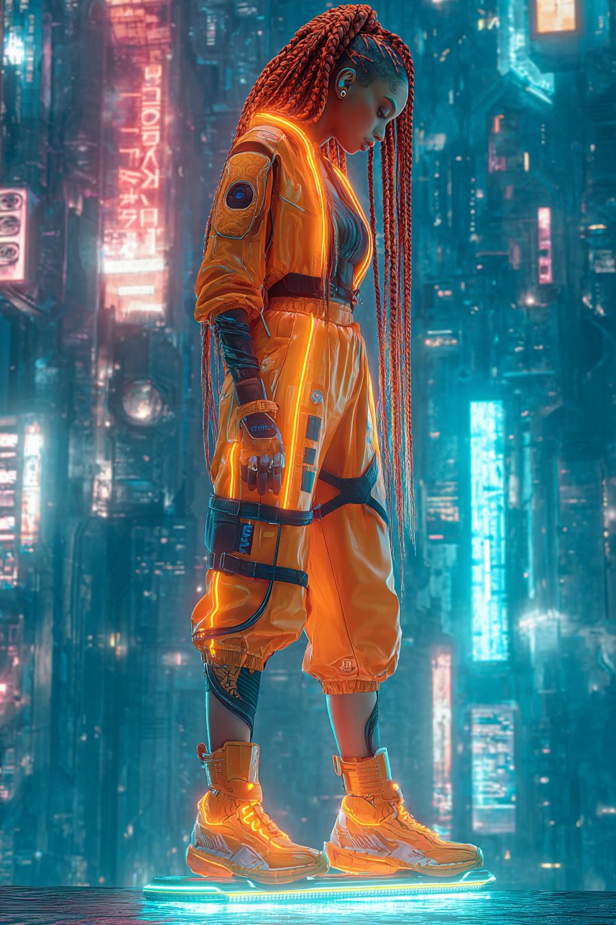 A futuristic anime girl inspired by Zoë Kravitz with neon orange dreads and a cybernetic jumpsuit riding a hoverboard in a sci-fi city