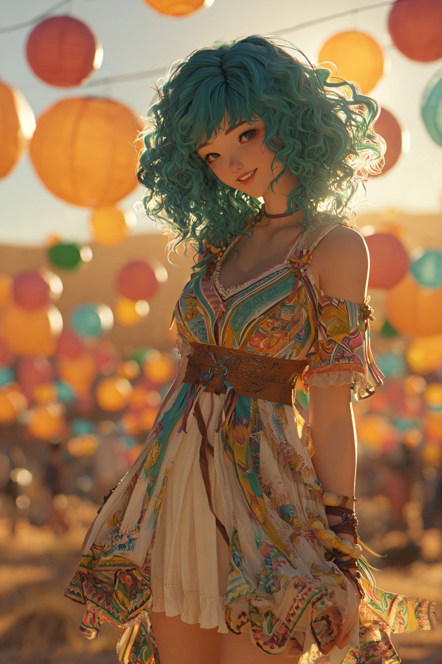 Une fille d'anime joyeuse inspirée par Selena Gomez, avec des cheveux bouclés teal et une robe de festival bohème, lors d'un festival de musique désertique avec des lanternes sous un chaleureux couché de soleil