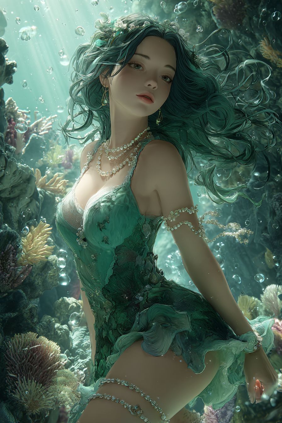 一位靈動的動漫女孩，靈感來自瑪格特·羅比，擁有流動的翡翠色長髮和珍珠裝飾的美人魚風格裙子，背景是生機勃勃的珊瑚礁與發光的生物