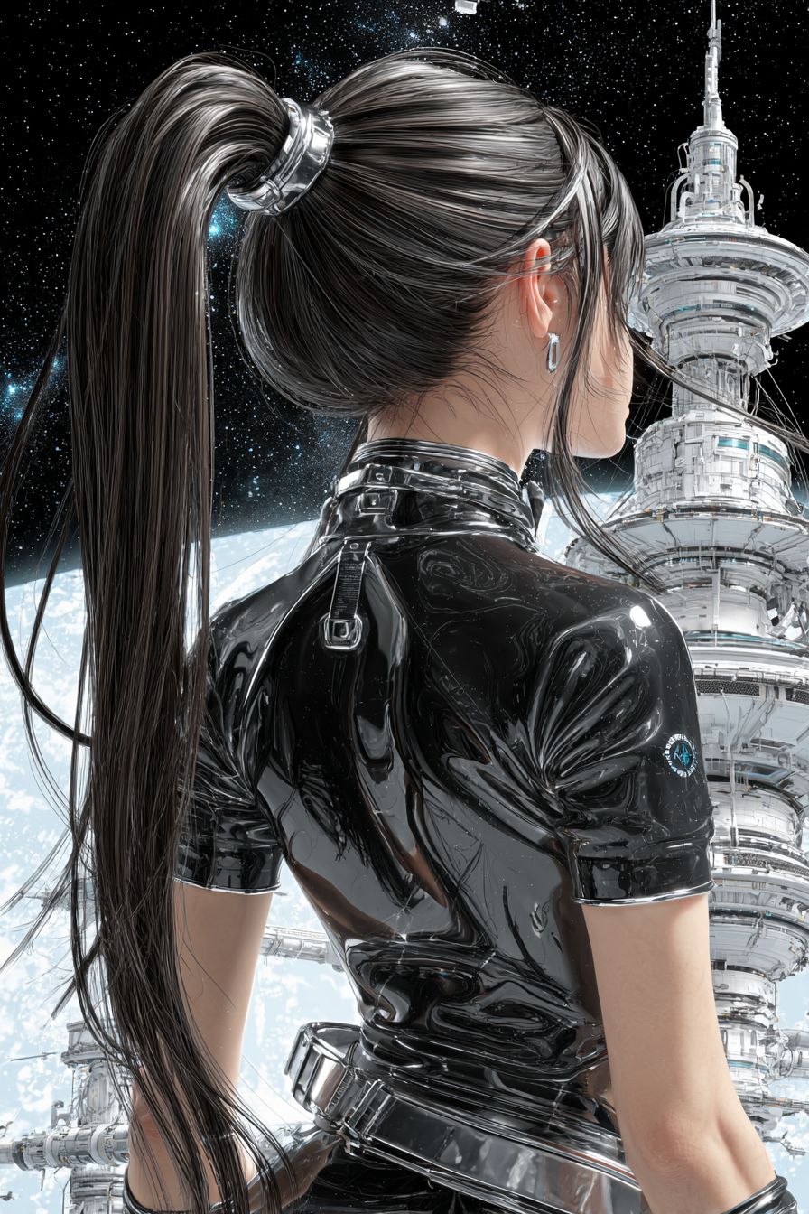Ein futuristisches Anime-Mädchen, inspiriert von Taylor Swift, mit einem glatten Chrom-Pferdeschwanz und transparenter Techwear vor einem kosmischen Hintergrund