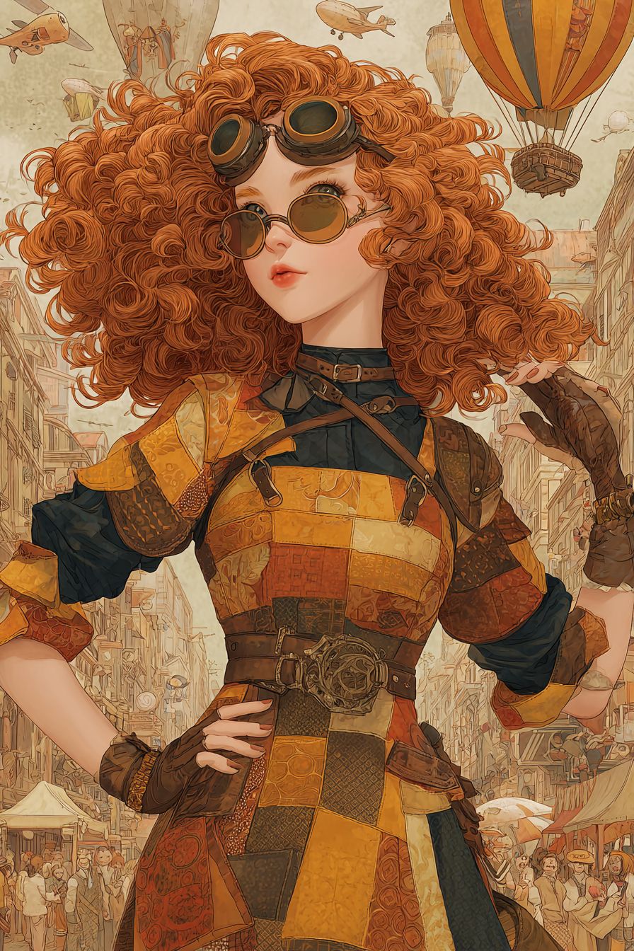 A quirky steampunk anime girl inspired by Emma Watson