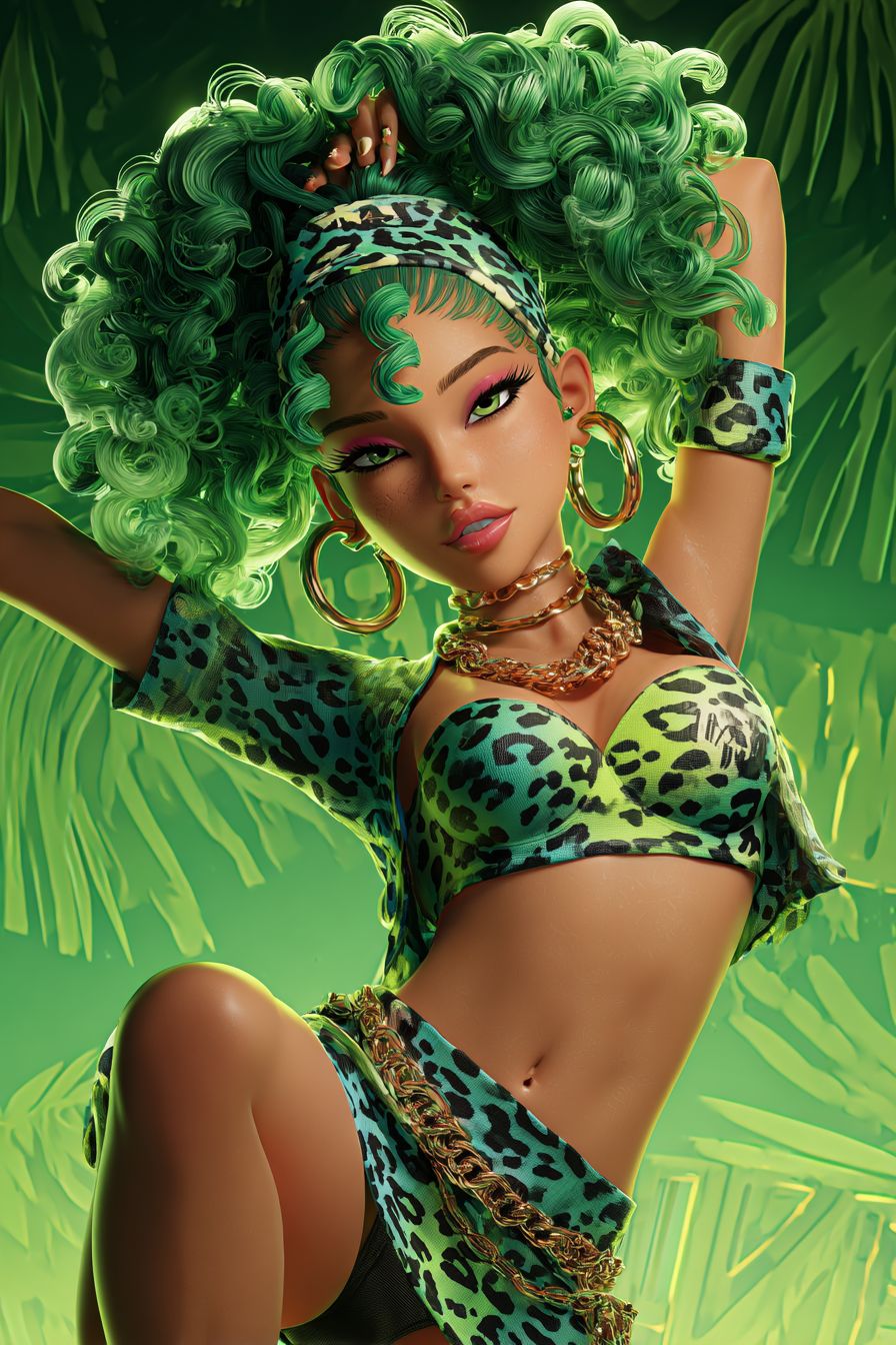 A bold anime girl inspired by Megan Thee Stallion with vibrant green curls and leopard print outfit in a tropical nightclub