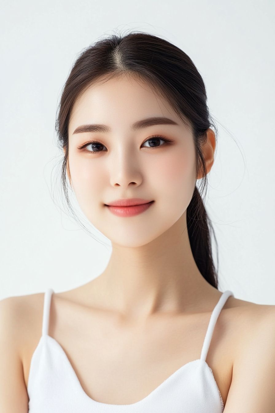 아름다운 젊은 한국 여성이 흰색 민소매 상의를 입고 머리를 약간 젖히고 미소짓고 있다