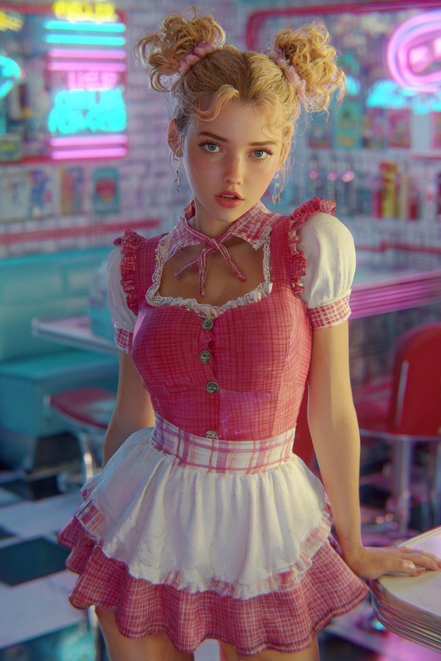 A bubbly anime girl inspired by Sabrina Carpenter, blonde space buns, retro diner waitress outfit
