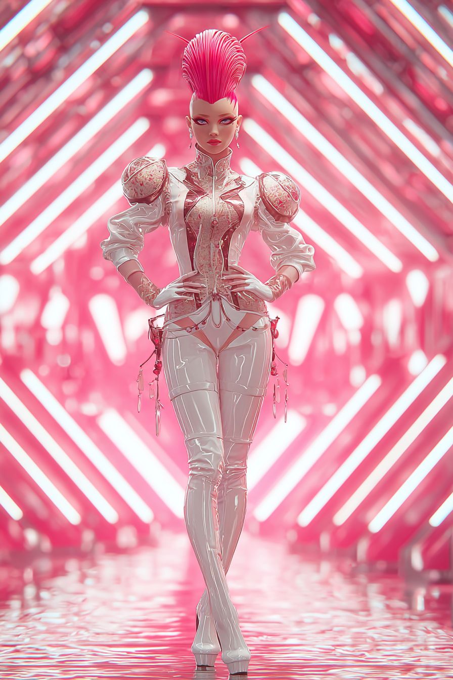 Una chica anime llamativa inspirada en Nicki Minaj con un conjunto de látex vanguardista