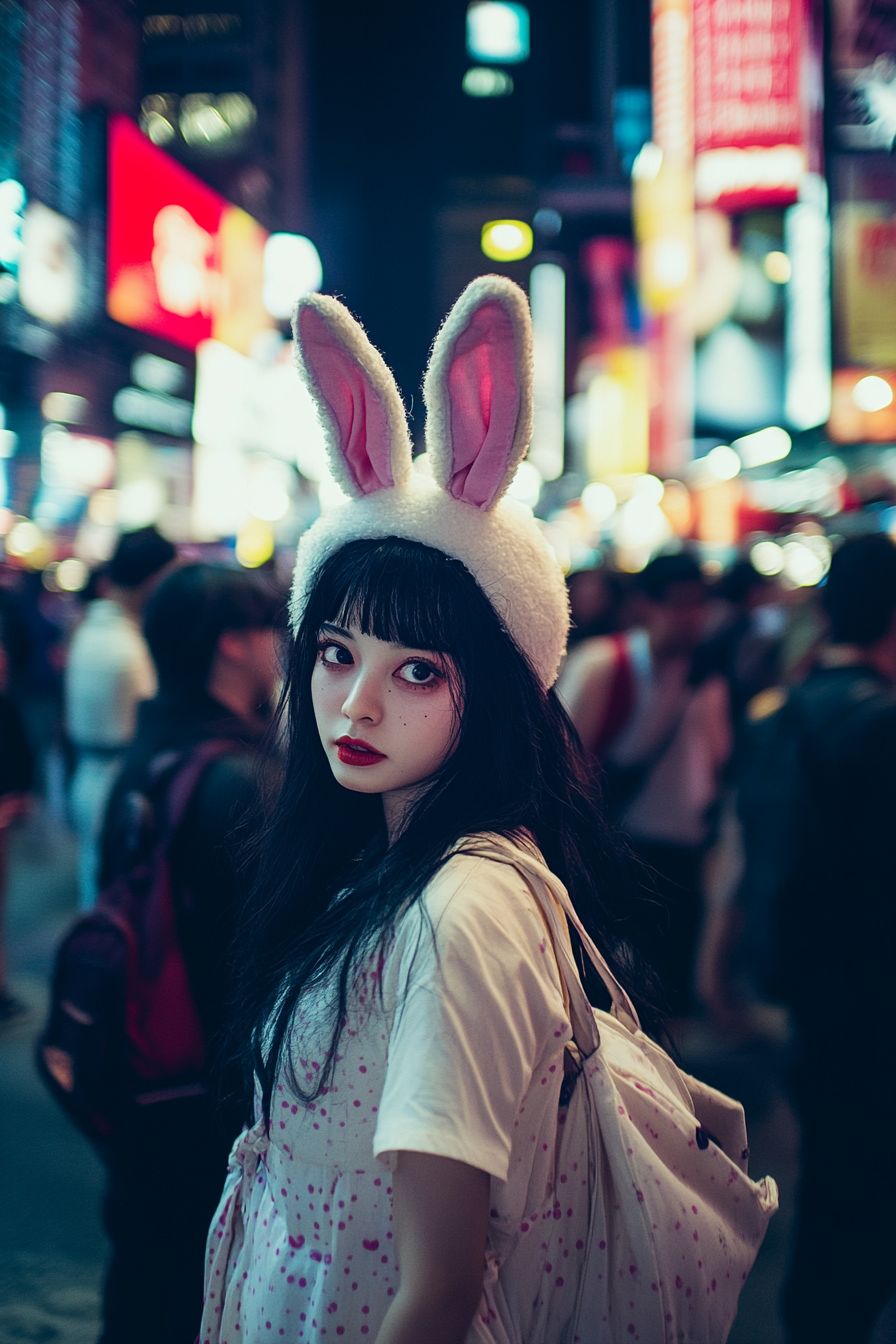 A cute Japanese woman dressed as the Bunny Girl from The Big Lebowski on a crowded street in New York at night