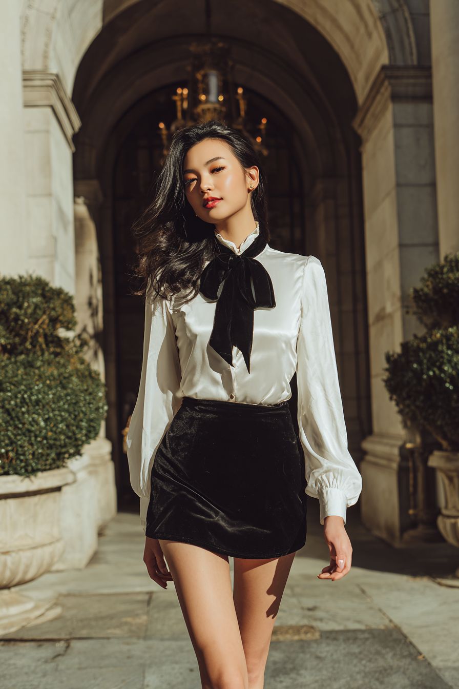 一位時尚的年輕東亞女性，自信地走在有拱形建築入口的戶外，穿著白色長袖衫和黑色絲帶的迷你裙