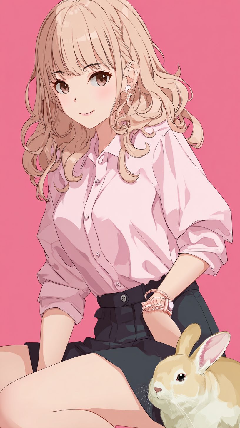 A half-body portrait of a handsome anime vtuber girl in a pink shirt sitting in a garden with a rabbit and bracelet