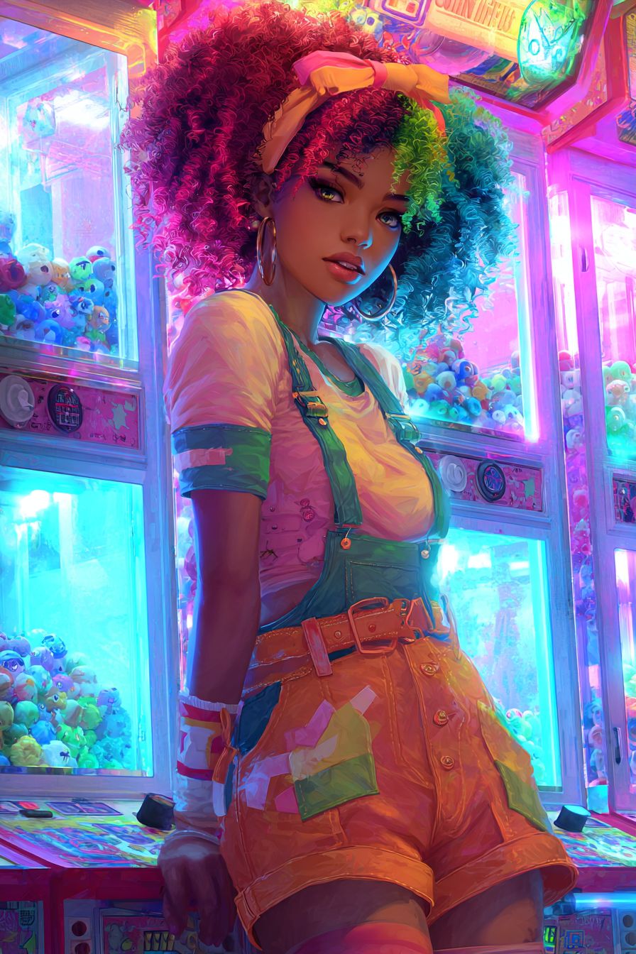 A playful anime girl inspired by Keke Palmer with curly rainbow hair in a retro arcade outfit