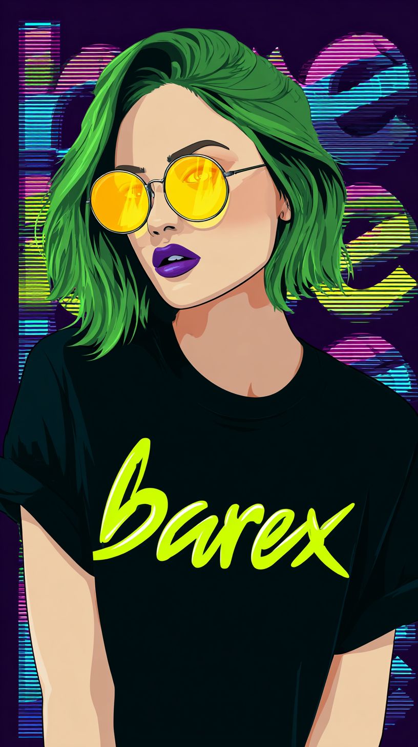 رسمة كاريكاتورية لامرأة ذات شعر أخضر ترتدي تي شيرت أسود مكتوب عليه 'Barex'، مع نظارات شمسية صفراء وشفاه بنفسجية، في خلفية زاهية اللون تحتوي على كلمة 'barex' بأحرف نيون، مما يعكس جمالية فنون التسعينيات الرقمية