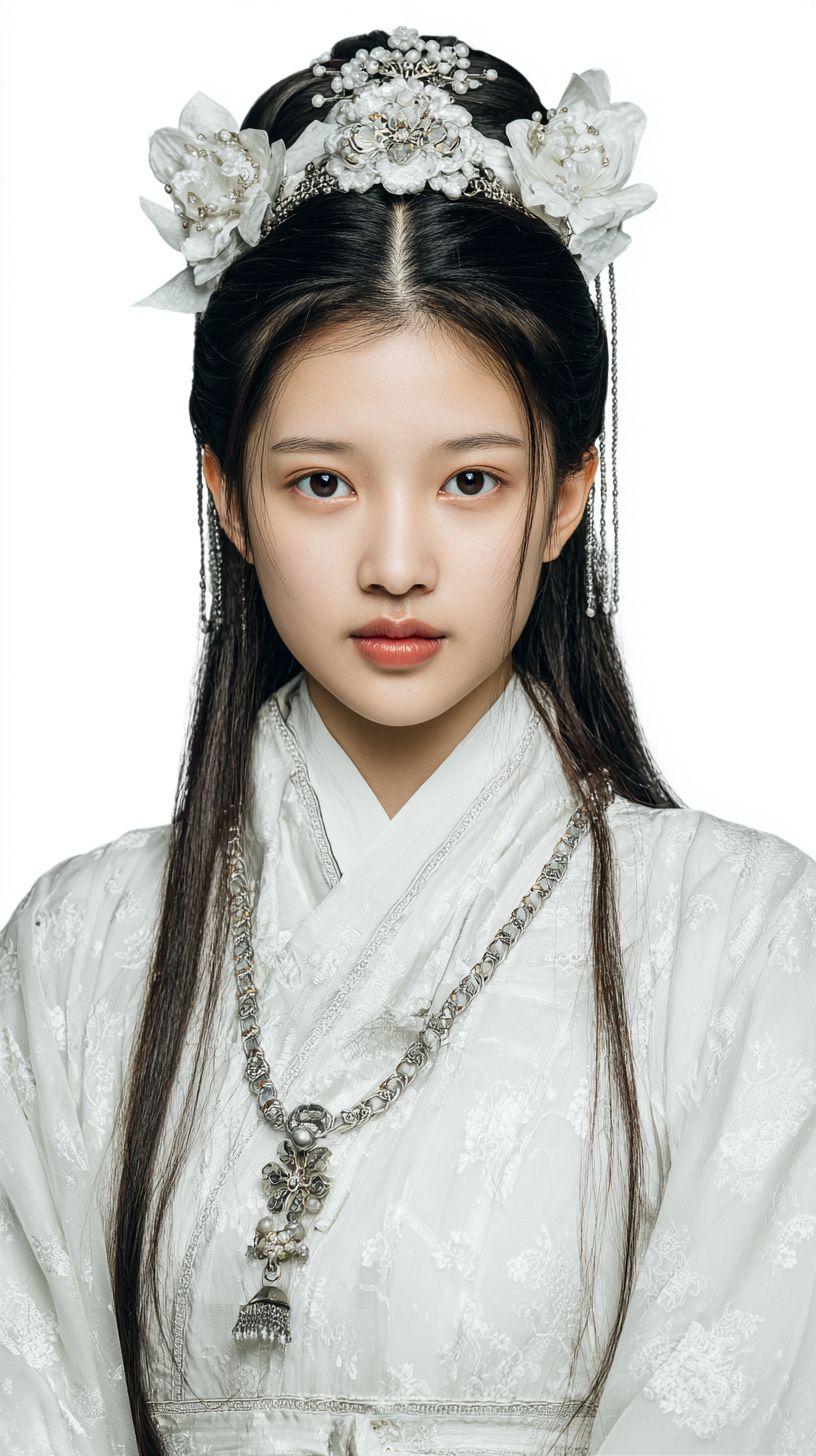 Une beauté de drame d'idole chinoise de 18 ans portant un Hanfu en soie blanche