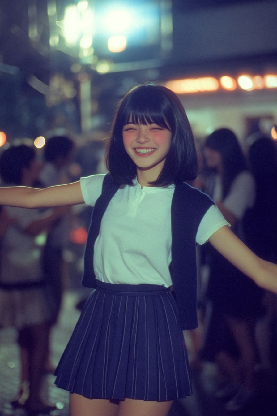 A Japanese high school girl dancing happily in the street at night, wearing a short skirt and a white T-shirt with a navy blue cardigan tied around her waist, with bangs and a crowded background