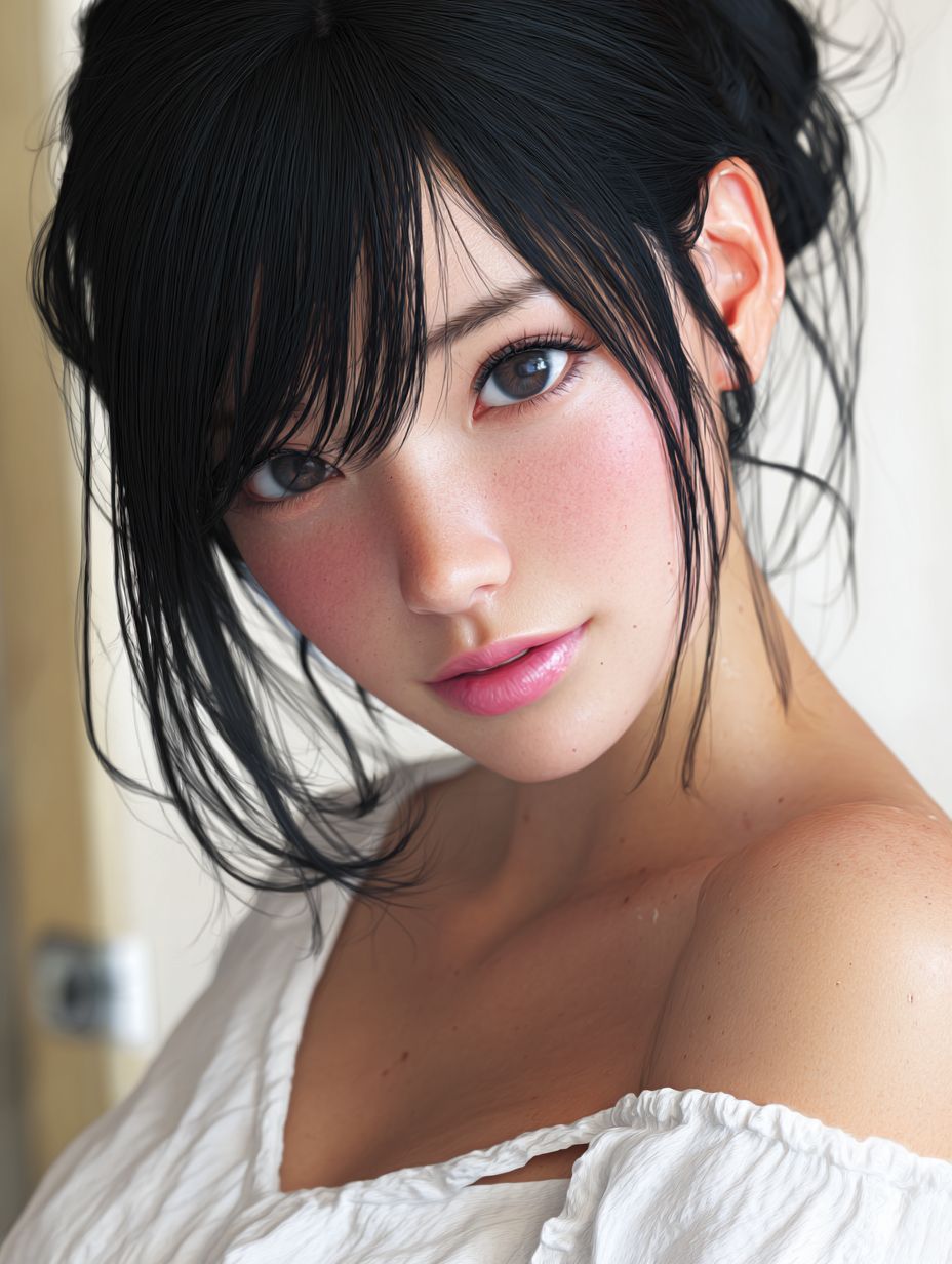 美麗的日本女性在浴室中開心微笑