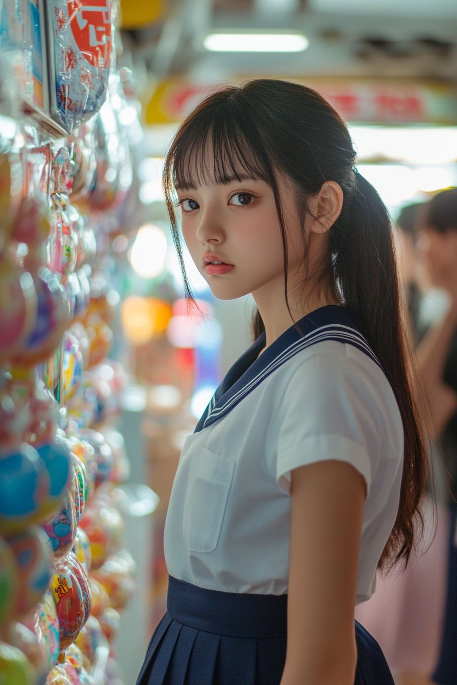 一位身穿制服的美麗日本高中女孩在遊戲廳人群中玩耍