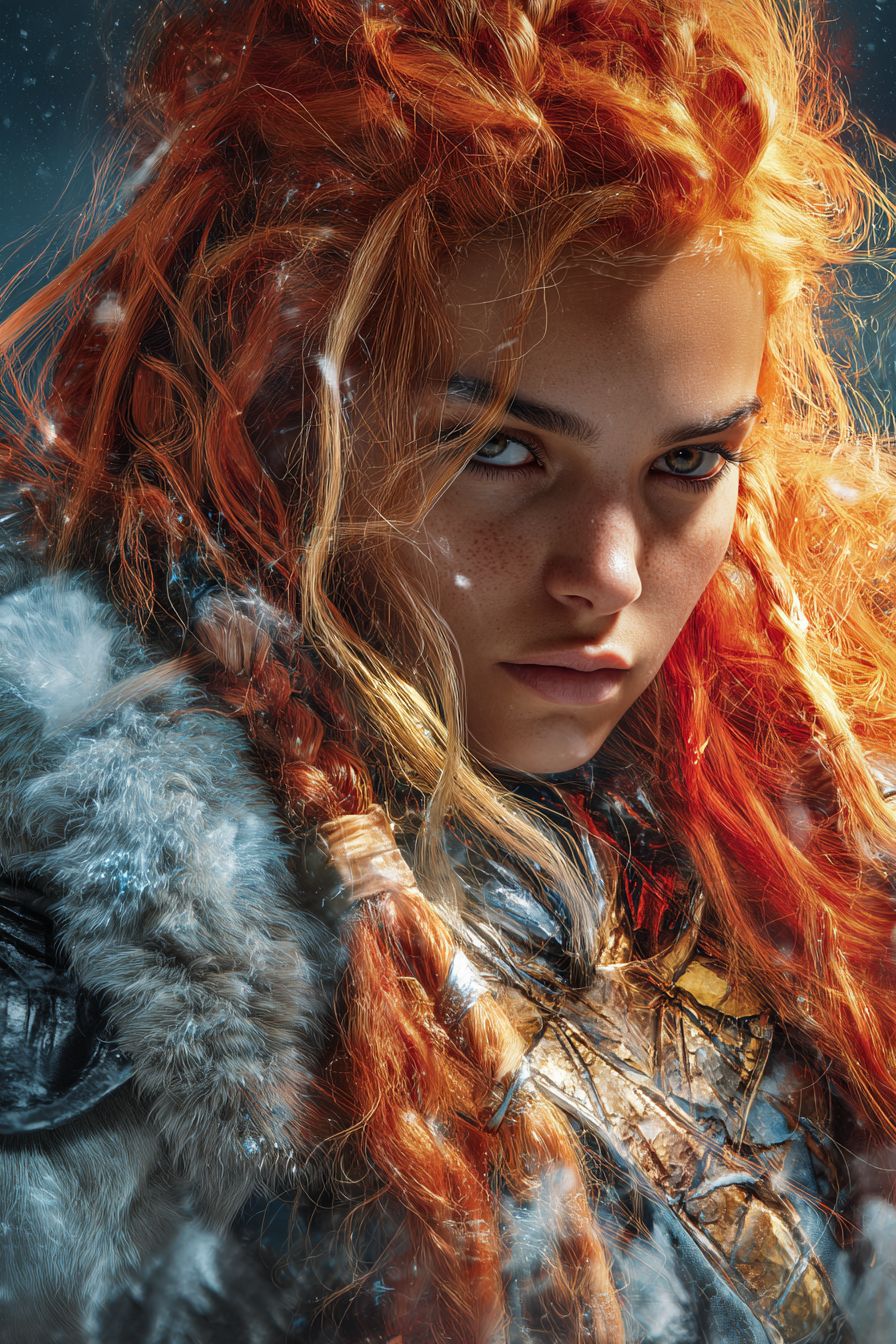 An anime girl inspired by Florence Pugh with fiery orange hair and Viking warrior armor