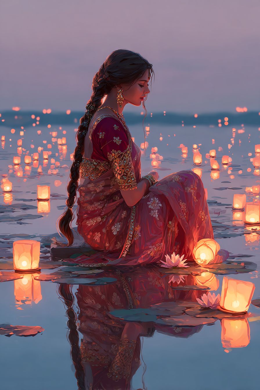 Une fille d'anime sereine inspirée par Deepika Padukone avec de longs cheveux tressés dans un sari en soie orné de motifs de lotus près d'un lac tranquille avec des lanternes flottantes au crépuscule