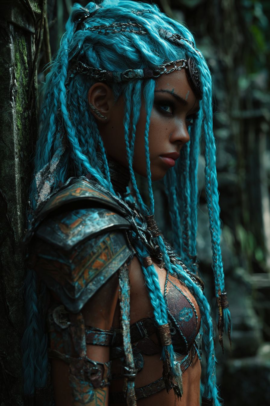 A fierce anime girl inspired by Cynthia Erivo with bold turquoise hair and tribal warrior armor
