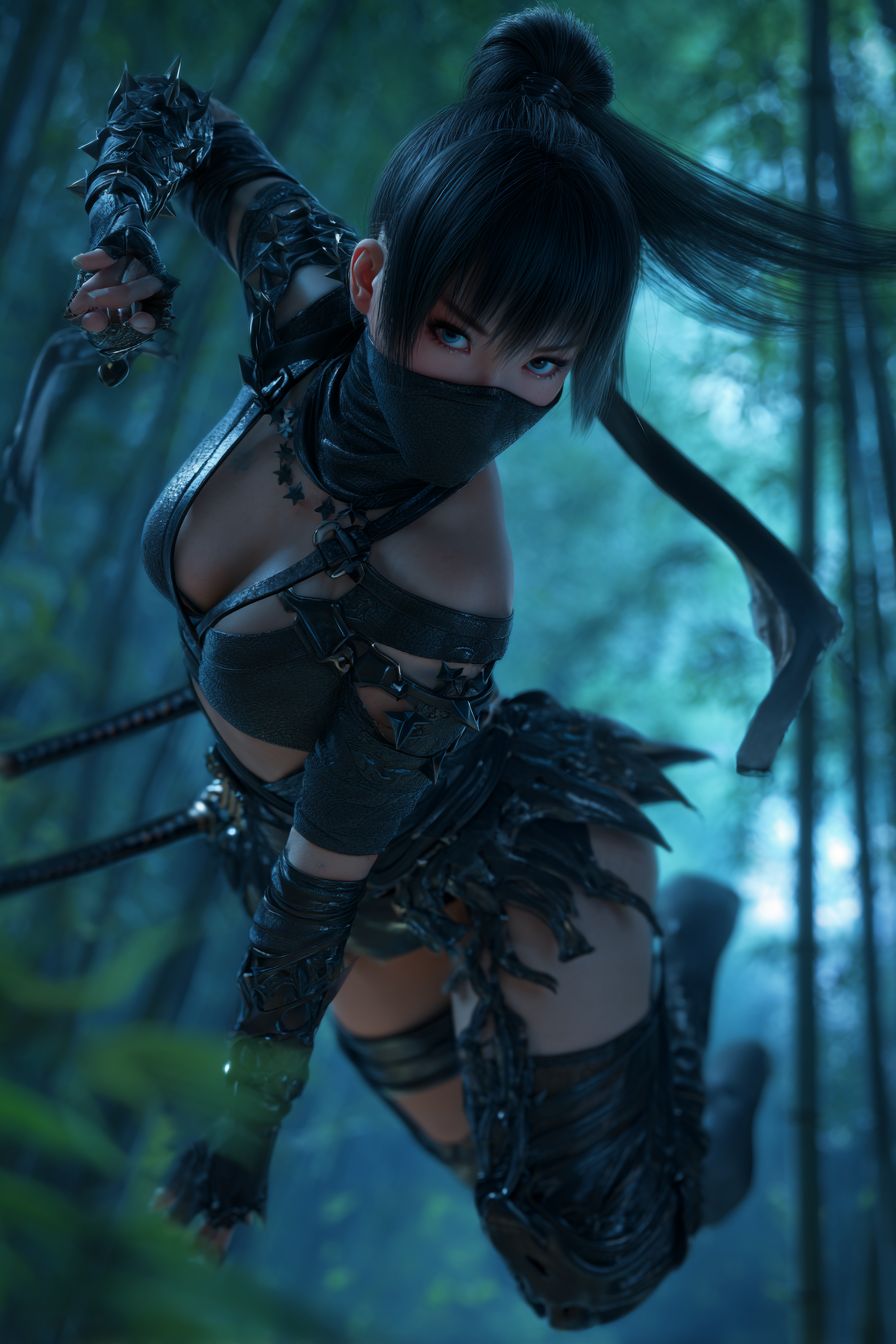 Ein mysteriöses Anime-Mädchen, inspiriert von Mila Kunis, mit einem eleganten schwarzen Pferdeschwanz und einem Ninja-Outfit, das Wurfsterne in einem mondbeschienenen Bambuswald in einer dynamischen Pose hält