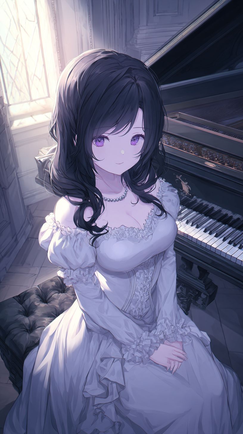 A refined anime-style female character in a piano room wearing a white satin dress with pearl accents