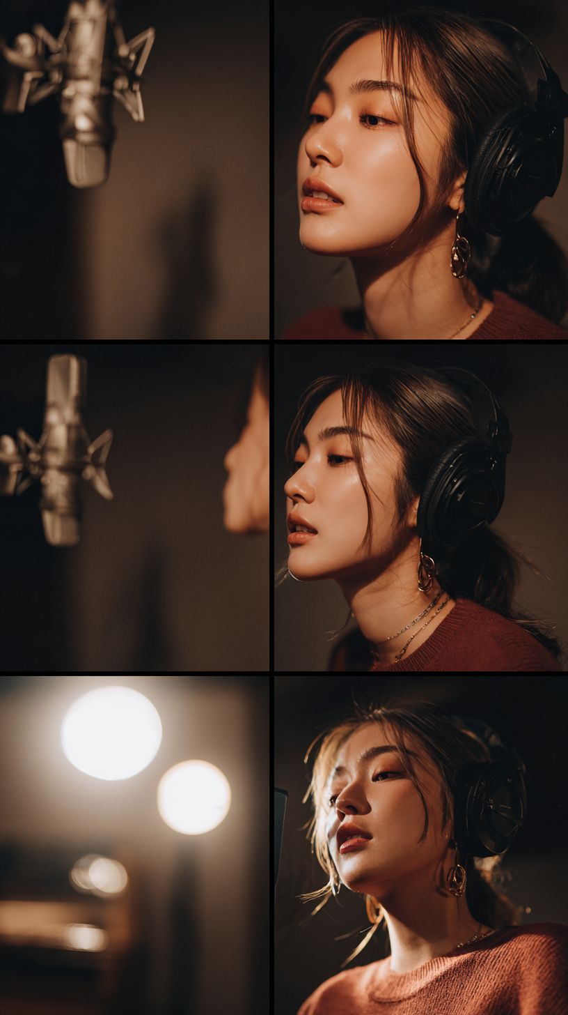 A young Korean woman records emotional ballads in a modern studio, showcasing her unique style and moments of emotional liberation