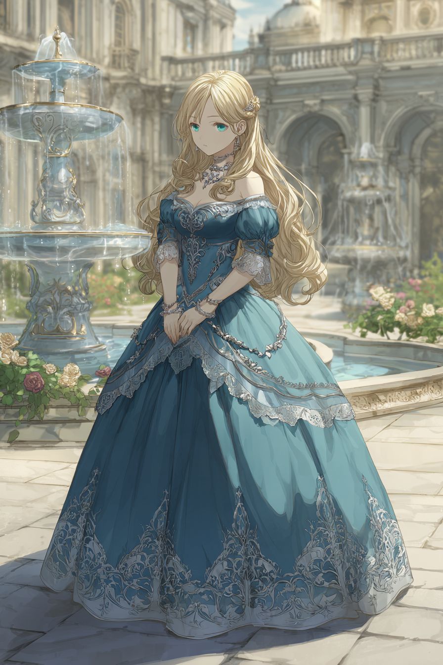 A female character in a sapphire blue ball gown is in a castle courtyard