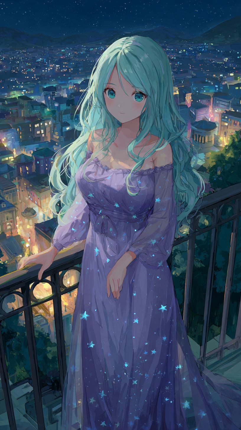 A dreamy anime-style female character on a balcony in a flowing lavender gown with long teal hair and blue eyes glowing under the moonlight