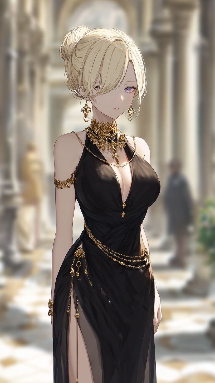 A refined anime-style female character in a sleek black dress at an art gallery