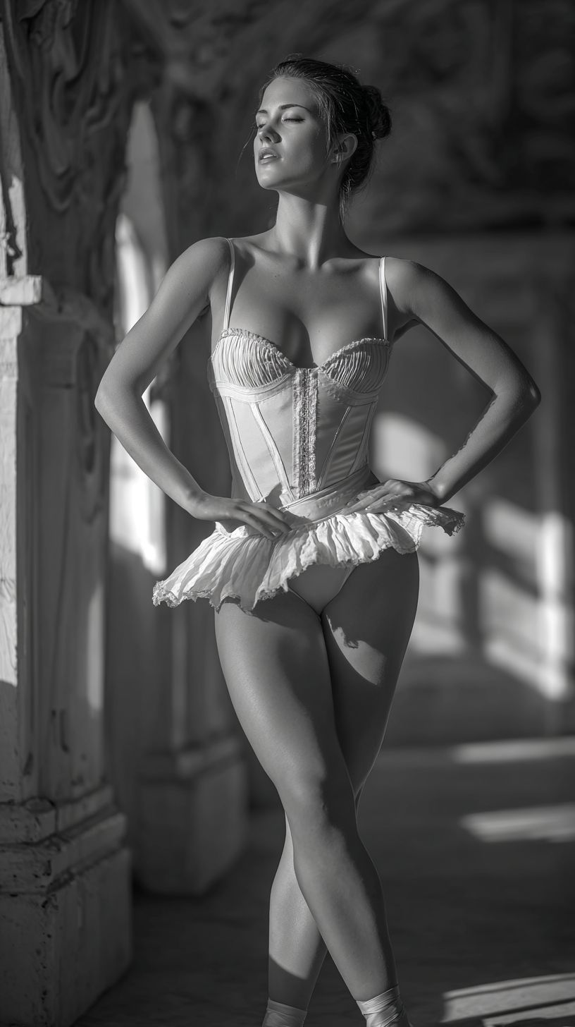 Ein schöner weiblicher Model in mittleren Jahren tritt in einem Ballettoutfit im Theater anmutig auf