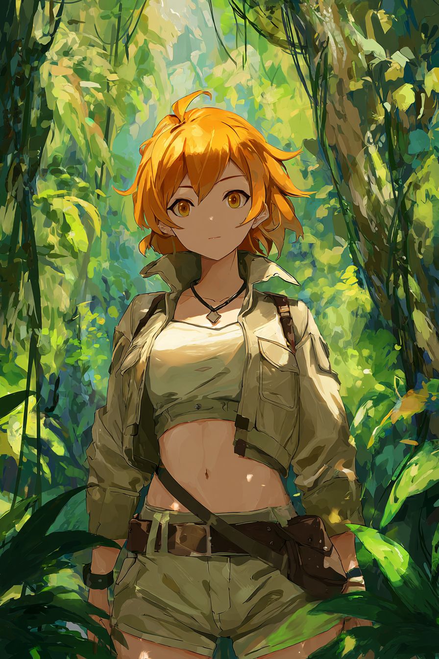 A bold anime-style female character in a jungle wearing a khaki explorer's outfit