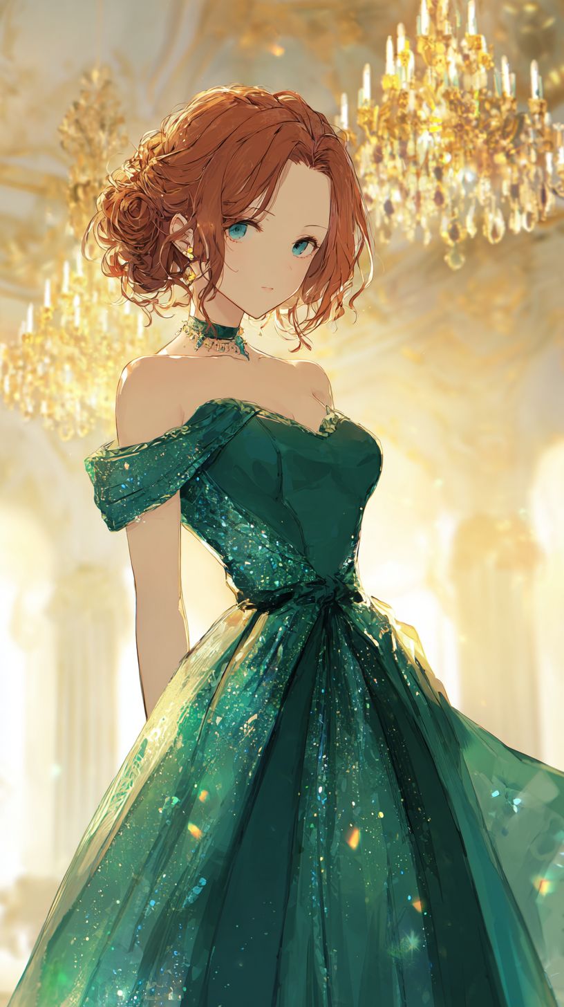 Un elegante personaje femenino de estilo anime en un baile con un vestido esmeralda fluido