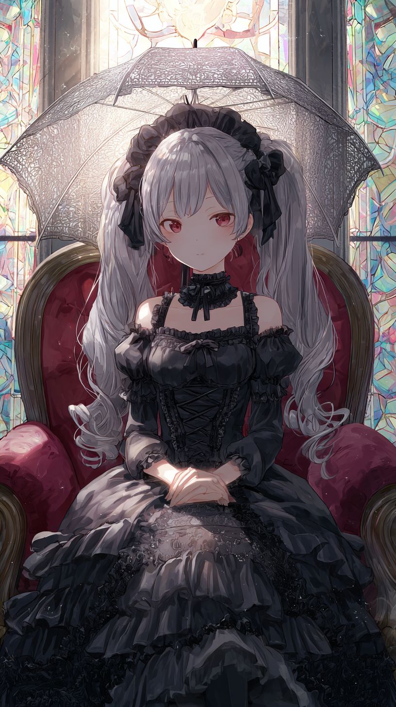 A delicate anime-style female character sits gracefully on an ornate velvet chair wearing an elaborate gothic lolita dress