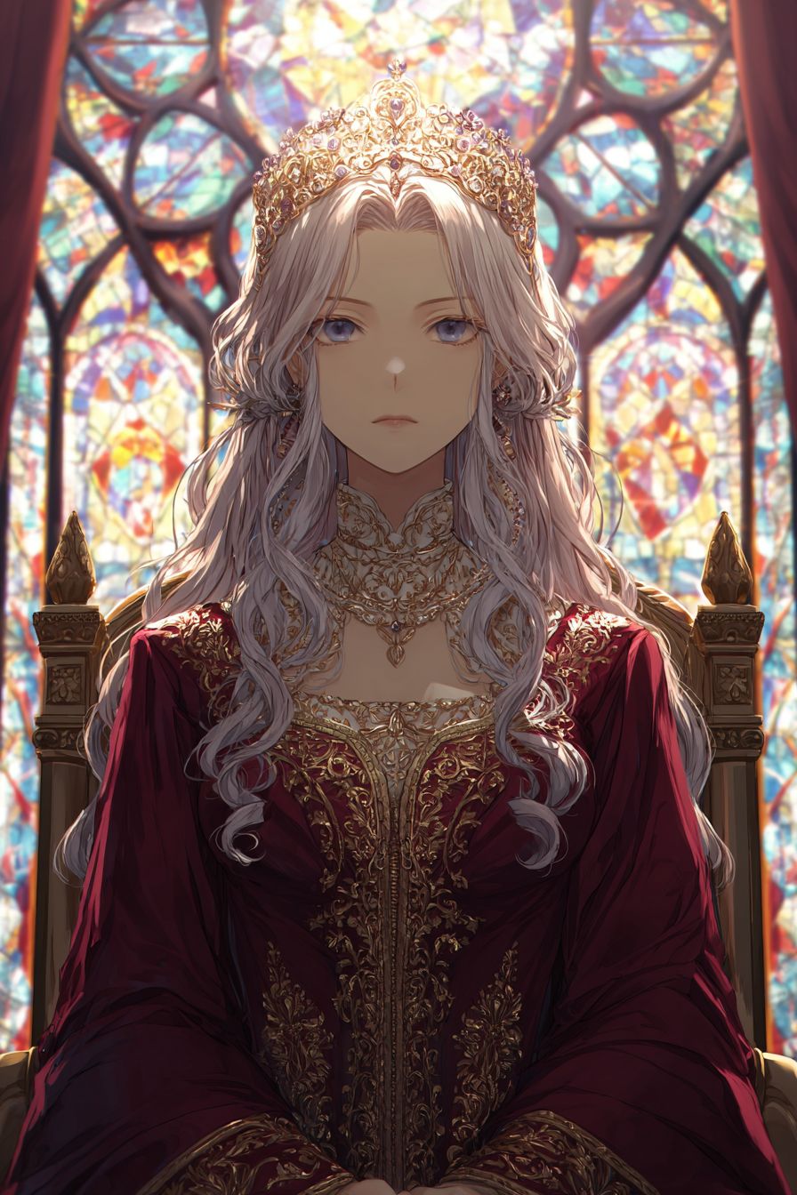 A female character in a crimson velvet gown and jeweled tiara sits on a throne