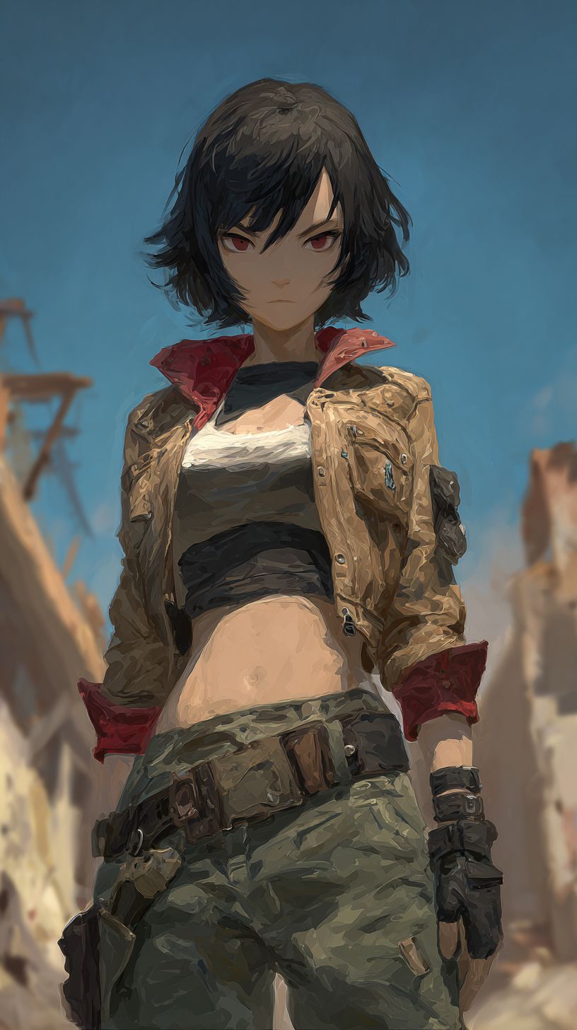 A fierce female character in a post-apocalyptic wasteland wearing a patched leather jacket and cargo pants