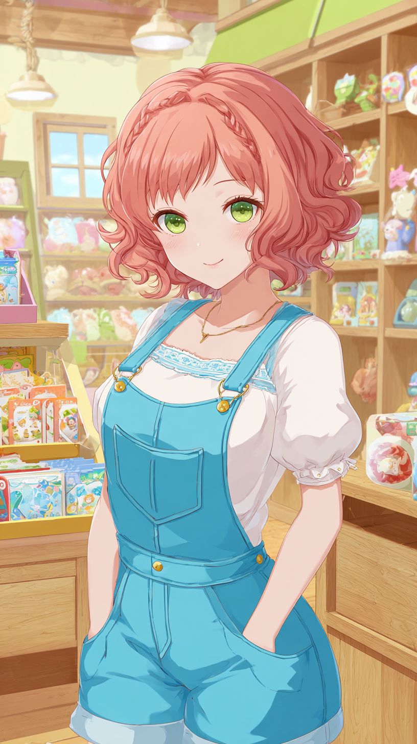 A playful anime-style female character in a toy store wearing a bright blue overall dress with short curly pink hair and green eyes