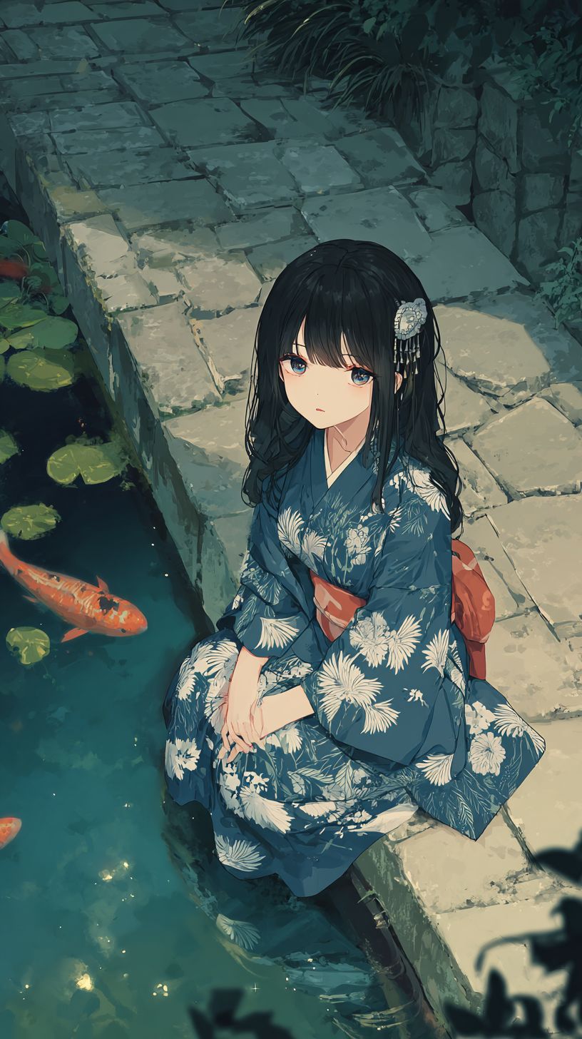 A female character in an indigo kimono with crane patterns is sitting by a koi pond