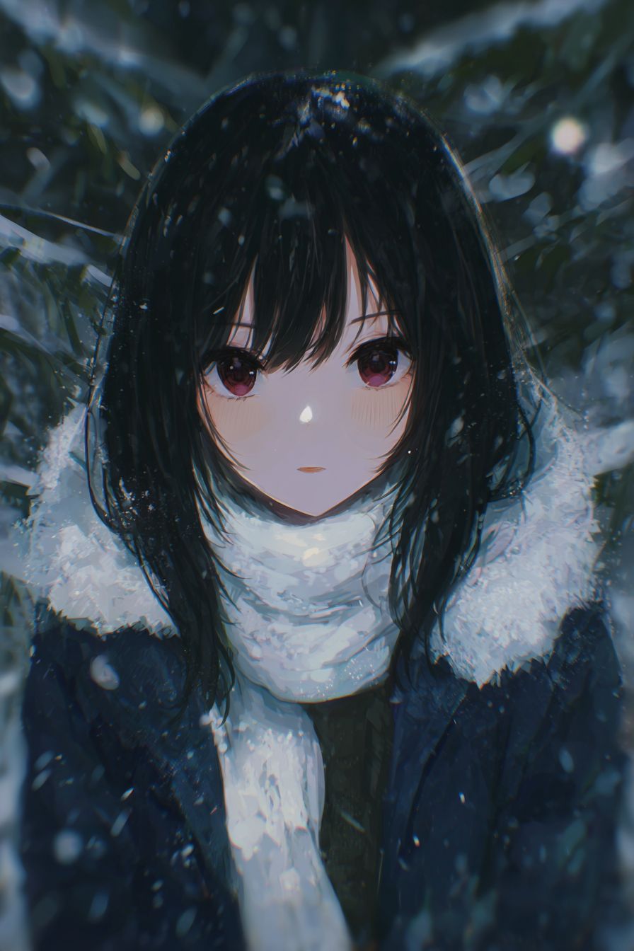 A mysterious anime-style female character in a snowy forest wearing a fur-lined navy coat and a white scarf
