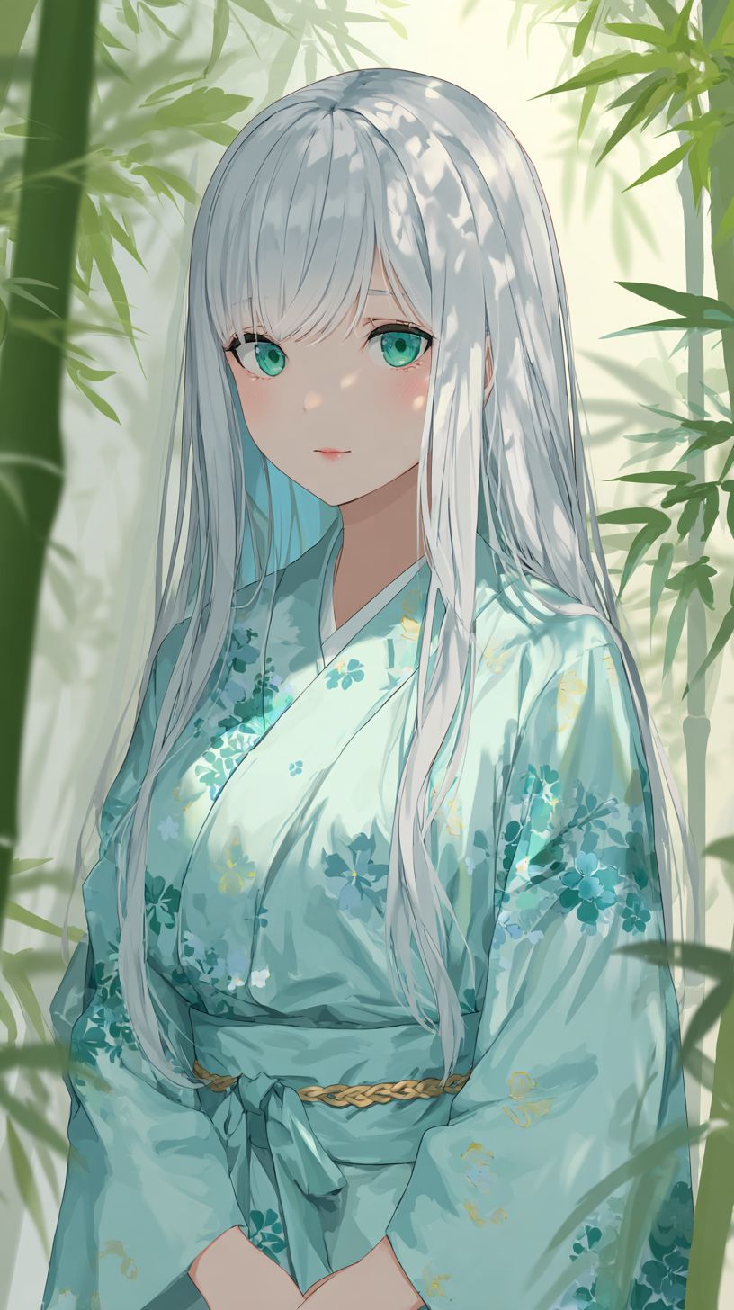 A female character in a pale blue yukata with cherry blossom patterns stands in a bamboo grove reflecting serenity with her long silver hair and green eyes