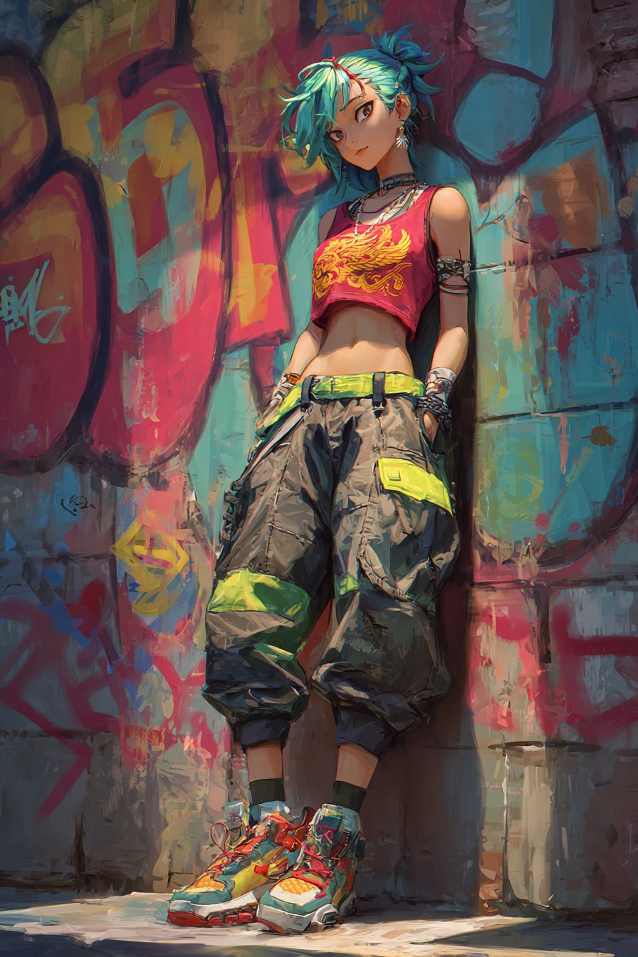 Personnage féminin de style anime portant un crop top rouge avec imprimé dragon et un pantalon cargo ample
