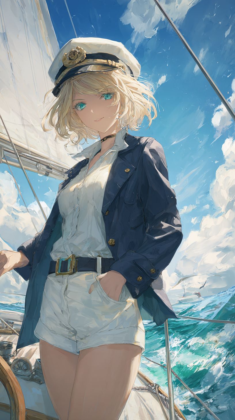 A confident anime-style female character on a yacht wearing a navy blazer, white shorts, and a captain's hat