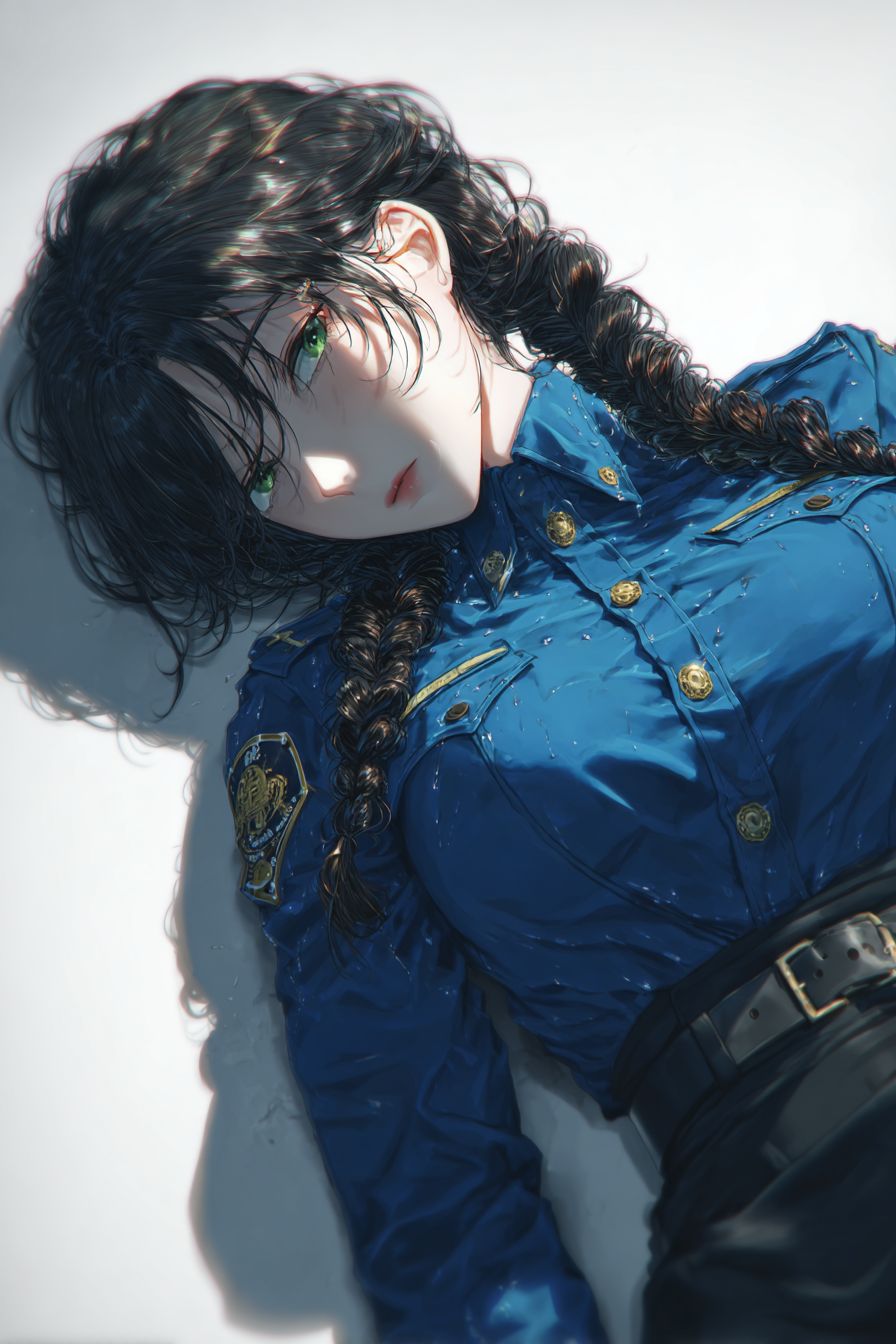 A detailed anime-style female character in a blue police uniform lying on the floor