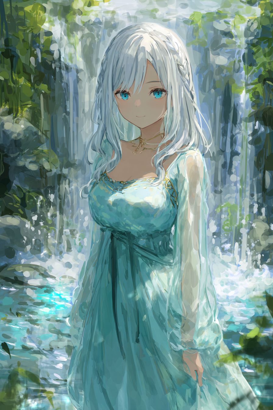 A serene anime-style female character by a waterfall in a flowing aqua dress with long silver hair and blue eyes reflecting the water's glow