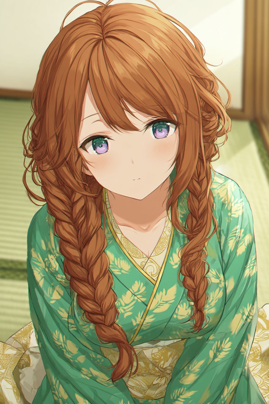 A refined anime-style female character in a green kimono with gold leaf patterns