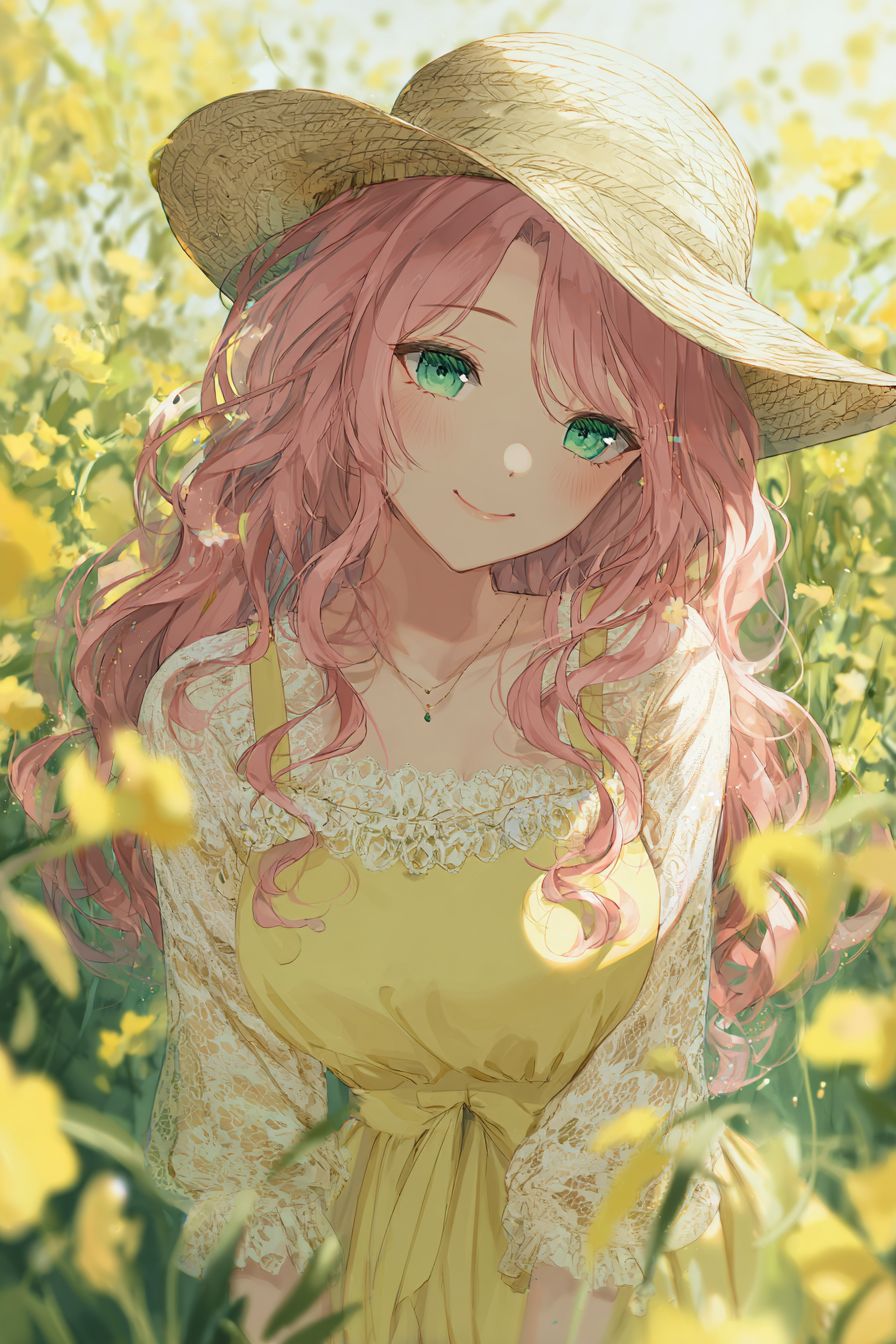 A dreamy anime-style female character in a flower field wearing a soft yellow sundress