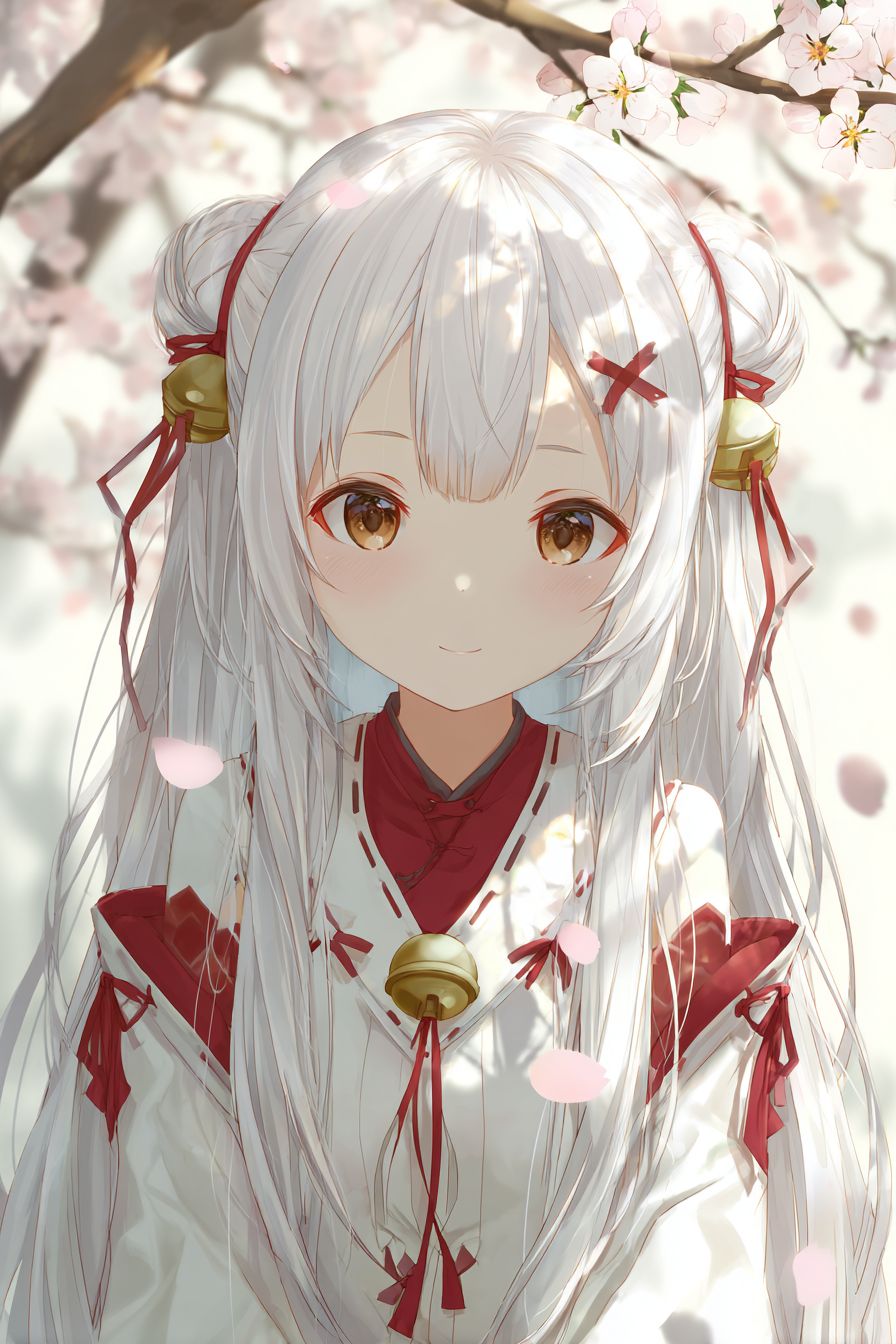 A graceful anime-style female character in a shrine maiden outfit with silver hair and brown eyes in a temple filled with falling cherry blossoms