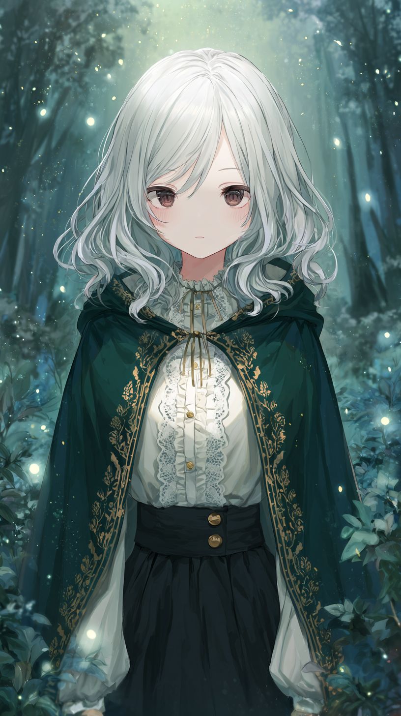 A mysterious anime-style female character in a misty forest wearing a dark green velvet cloak with gold embroidery over a white lace blouse and black skirt