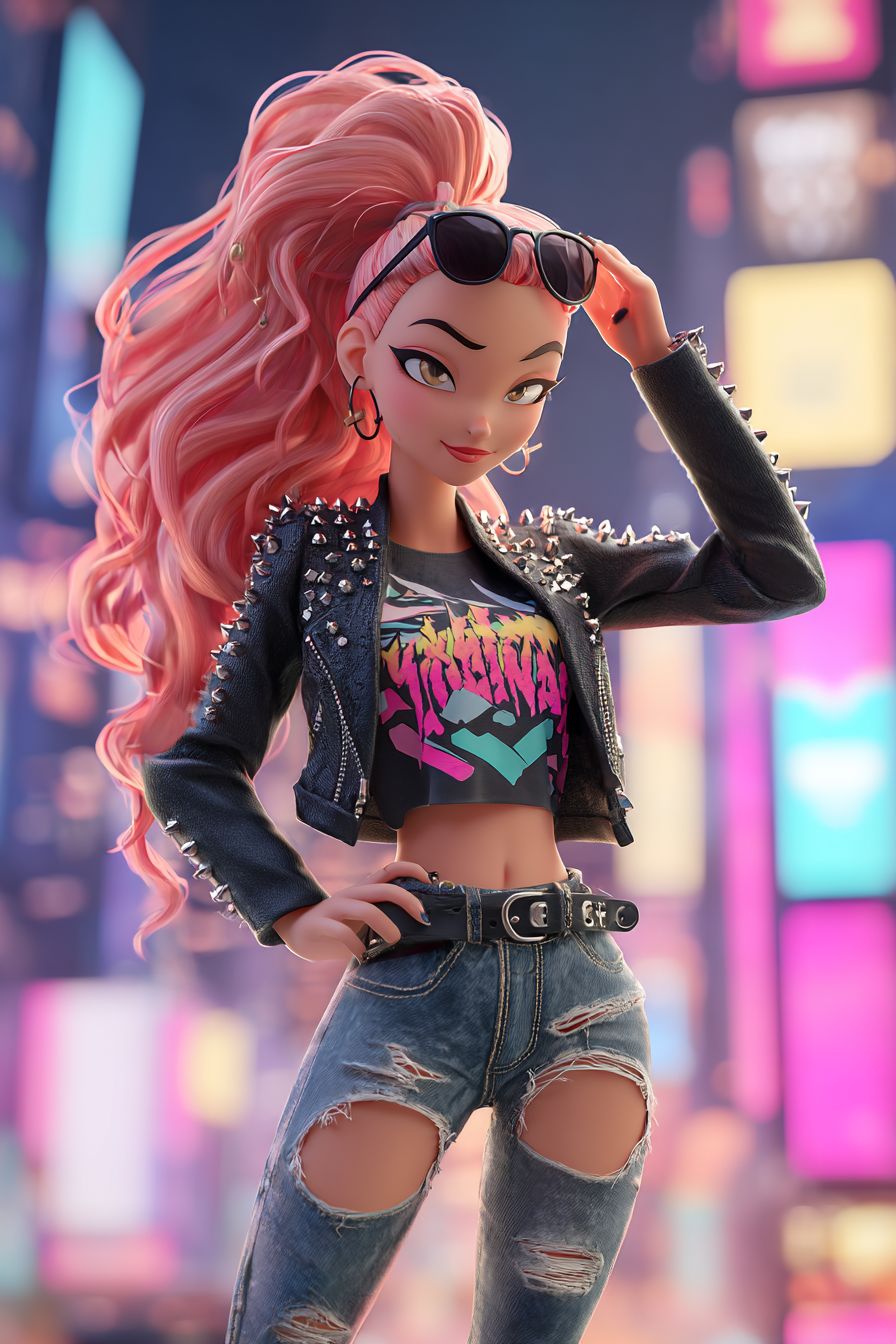 A detailed anime-style female character confidently stands on an urban rooftop wearing a black leather jacket and high-waisted ripped denim shorts