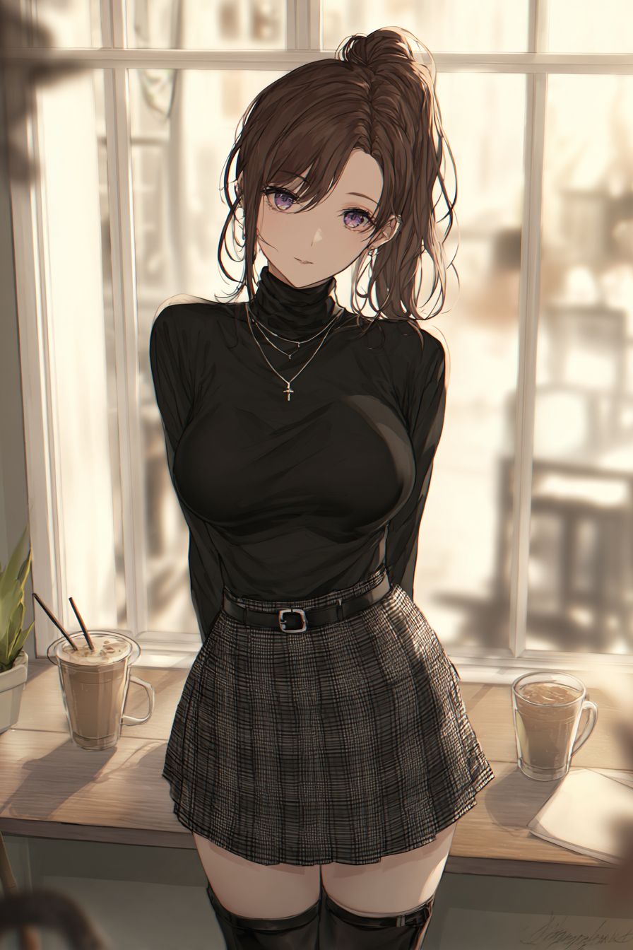 A chic anime-style female character in a cafe wears a fitted black turtleneck, plaid mini skirt, and thigh-high boots