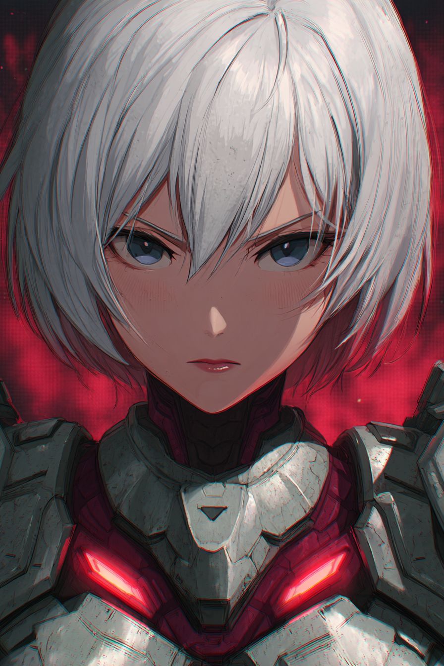 A powerful anime-style female character in silver armor